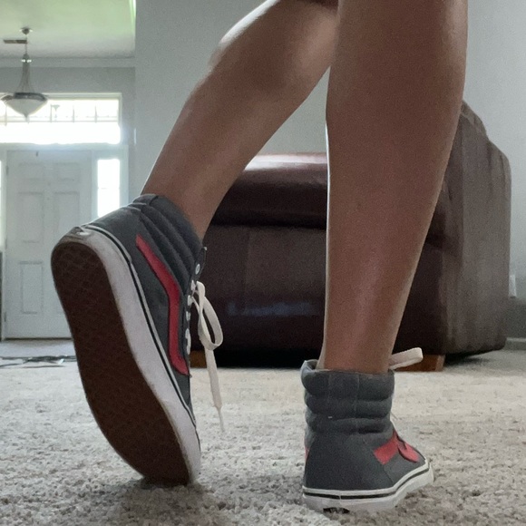 Gray and Red High Top Lace Up Vans Sneakers - Picture 3 of 7